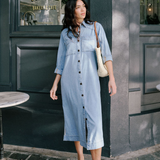 Long Sleeve Yoke Detail Midi Dress - Vintage Blue