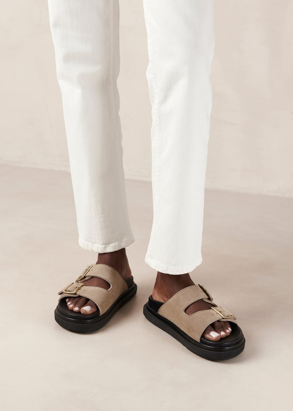 Buckle Strap Suede Sandals - Taupe