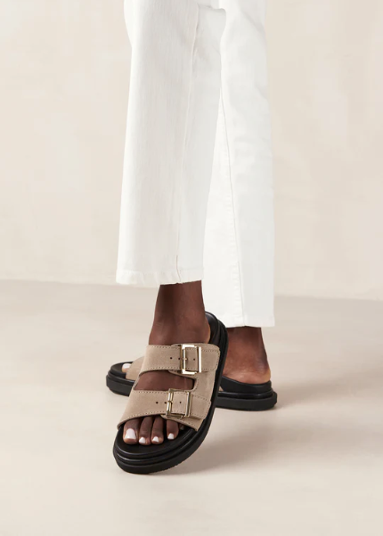 Buckle Strap Suede Sandals - Taupe
