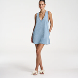 Denim V-Neck Shift dress - Sky Blue Denim