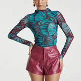 Mesh LS Rouched Skivvy - Jade Butterfly